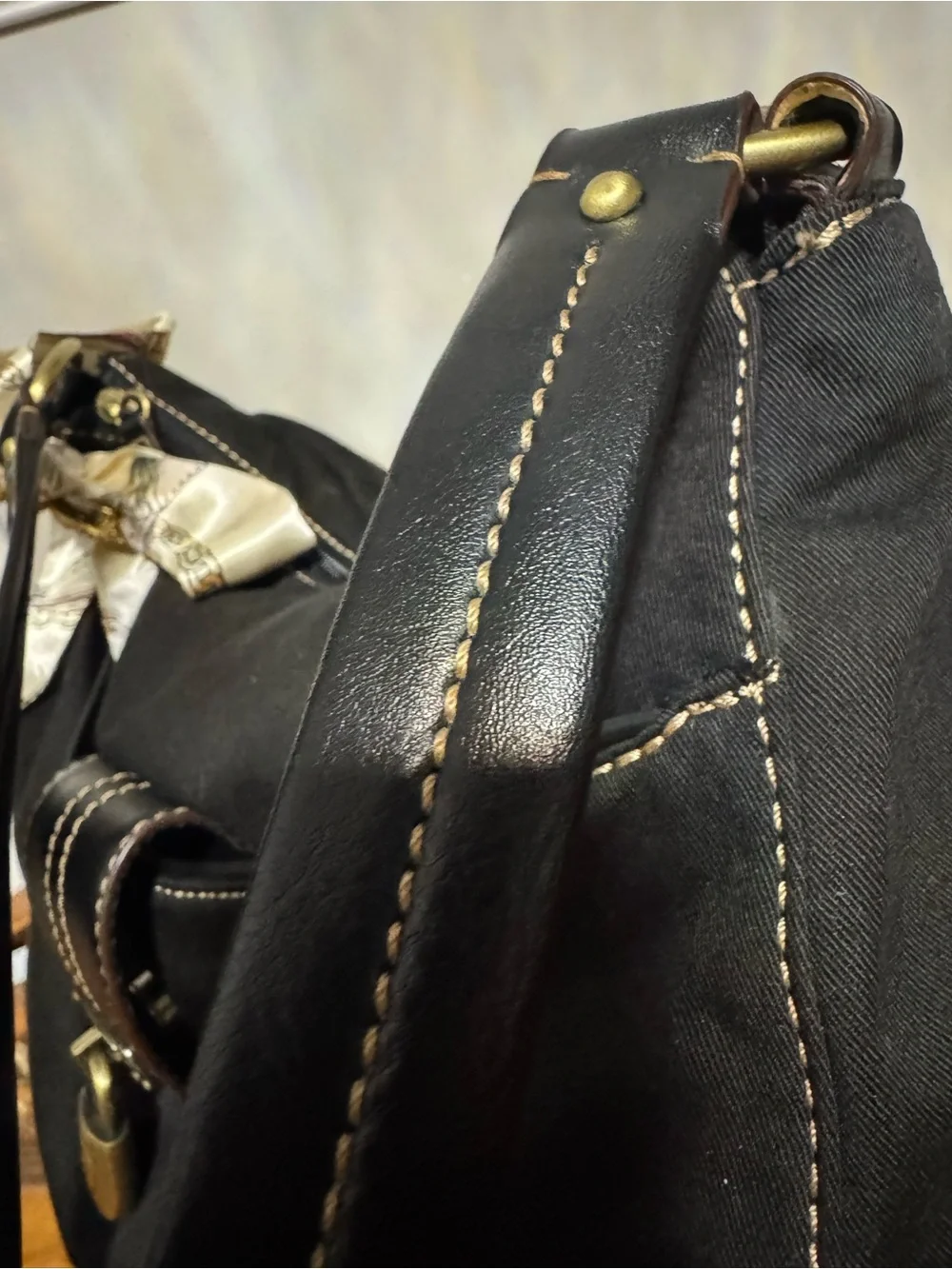 Etienne Aigner Black Fabric BlackGold Hardware Shoulder Bag Butterfly Brooch